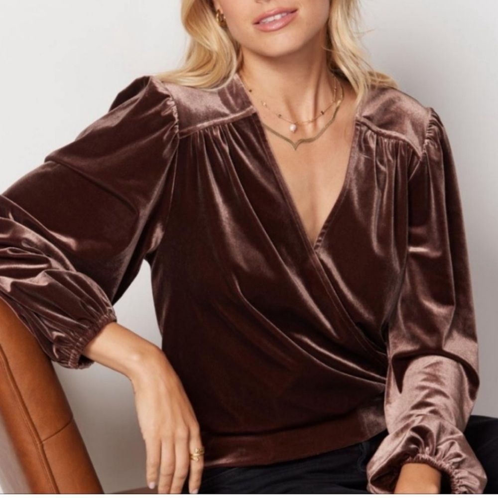 Evereve Kenna Velour  V-neck Surplice Wrap Brown Top